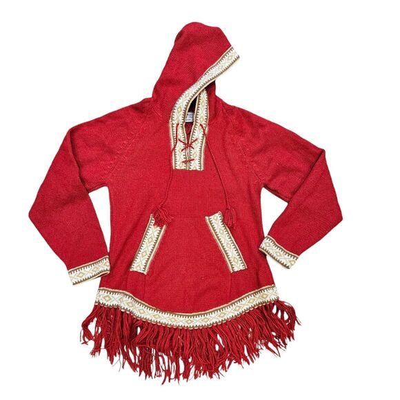 Onofre Saez Alpaca Sweater Womens S Red Hooded Fringe Western Boho Cottage - Picture 1 of 8